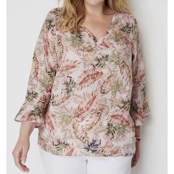 NWT J Jill LOVE LINEN Top Size 4X Flounce Sleeve V-Neck Tropical Palm Leaves NEW - Picture 2 of 16